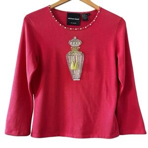 Michael Simon Red Silk Sweater S Perfume Beaded Knit Y2K Whimsical Statement Top